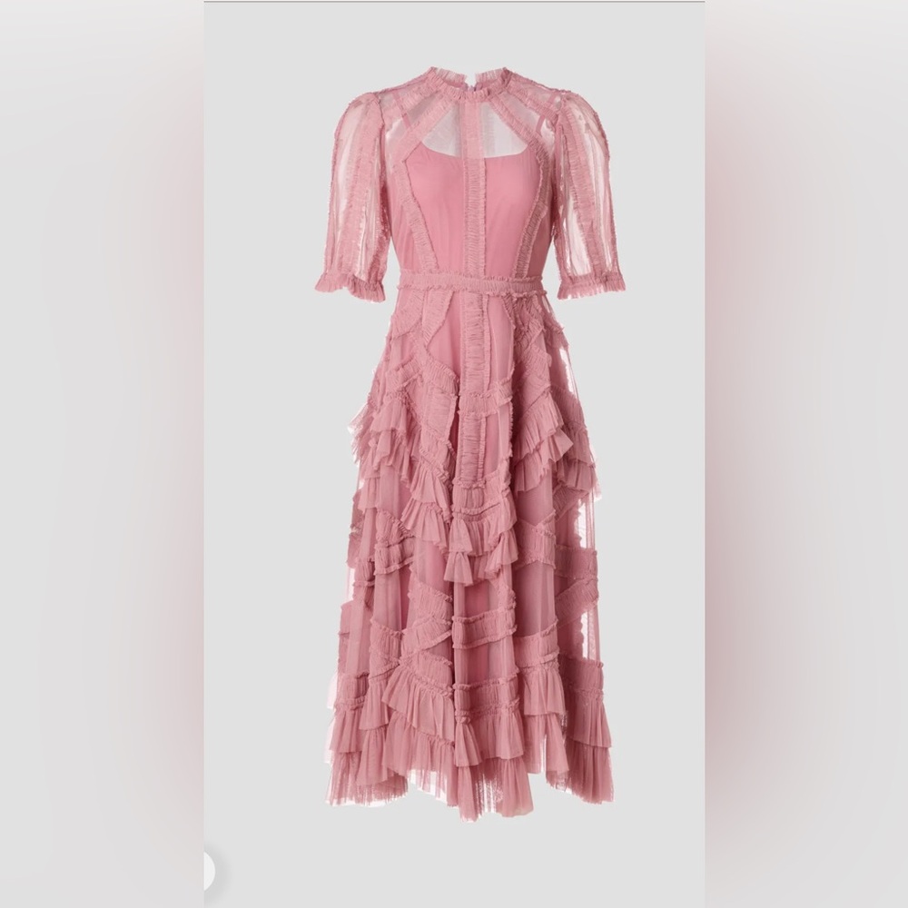 Mac Duggal Mauve Pink Lace-Trim Midi Dress - Picture 4 of 14